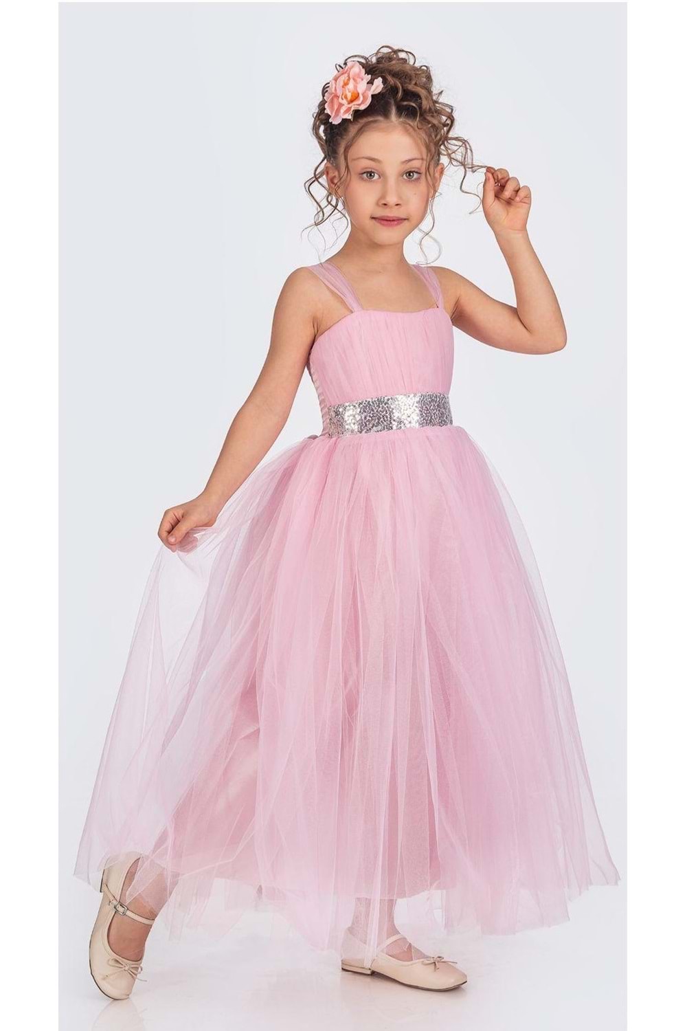 Sırt Gipeli Tütü Etek Kız Çocuk Saten Parti Abiye Elbise MNK0340