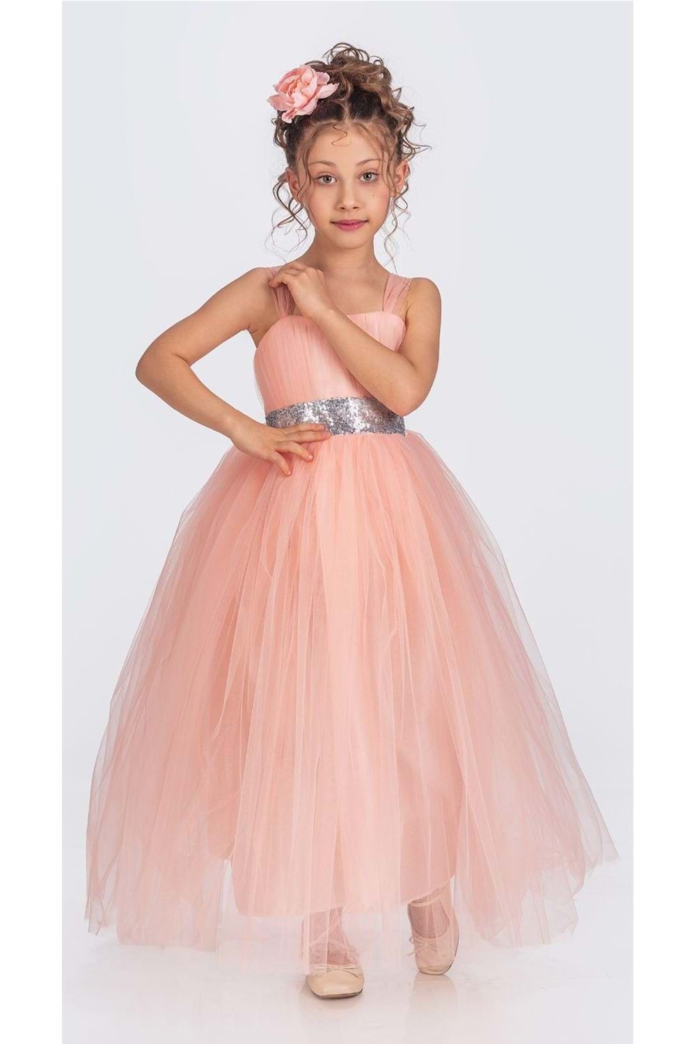 Sırt Gipeli Tütü Etek Kız Çocuk Saten Parti Abiye Elbise MNK0340