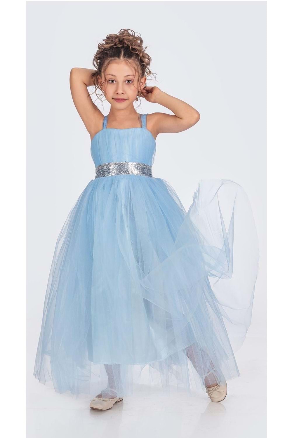 Sırt Gipeli Tütü Etek Kız Çocuk Saten Parti Abiye Elbise MNK0340