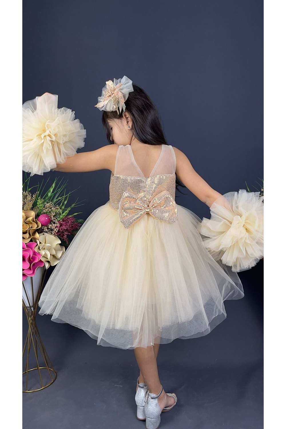 Şifon Robalı Ponpon Kol Pul Payetli Kız Çocuk Kabarık Etek Tütülü Abiye