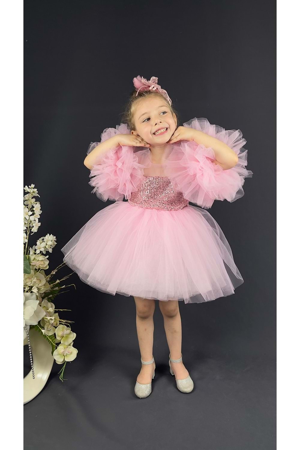 Şifon Robalı Ponpon Kol Pul Payetli Kız Çocuk Kabarık Etek Tütülü Abiye MNK0378