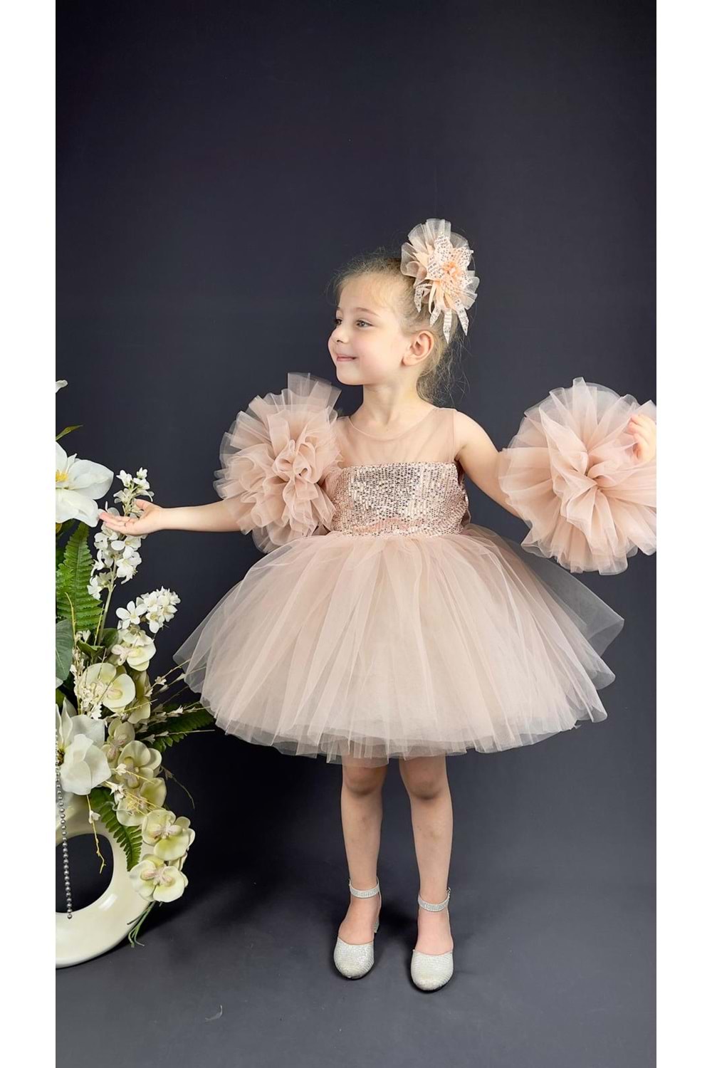 Şifon Robalı Ponpon Kol Pul Payetli Kız Çocuk Kabarık Etek Tütülü Abiye