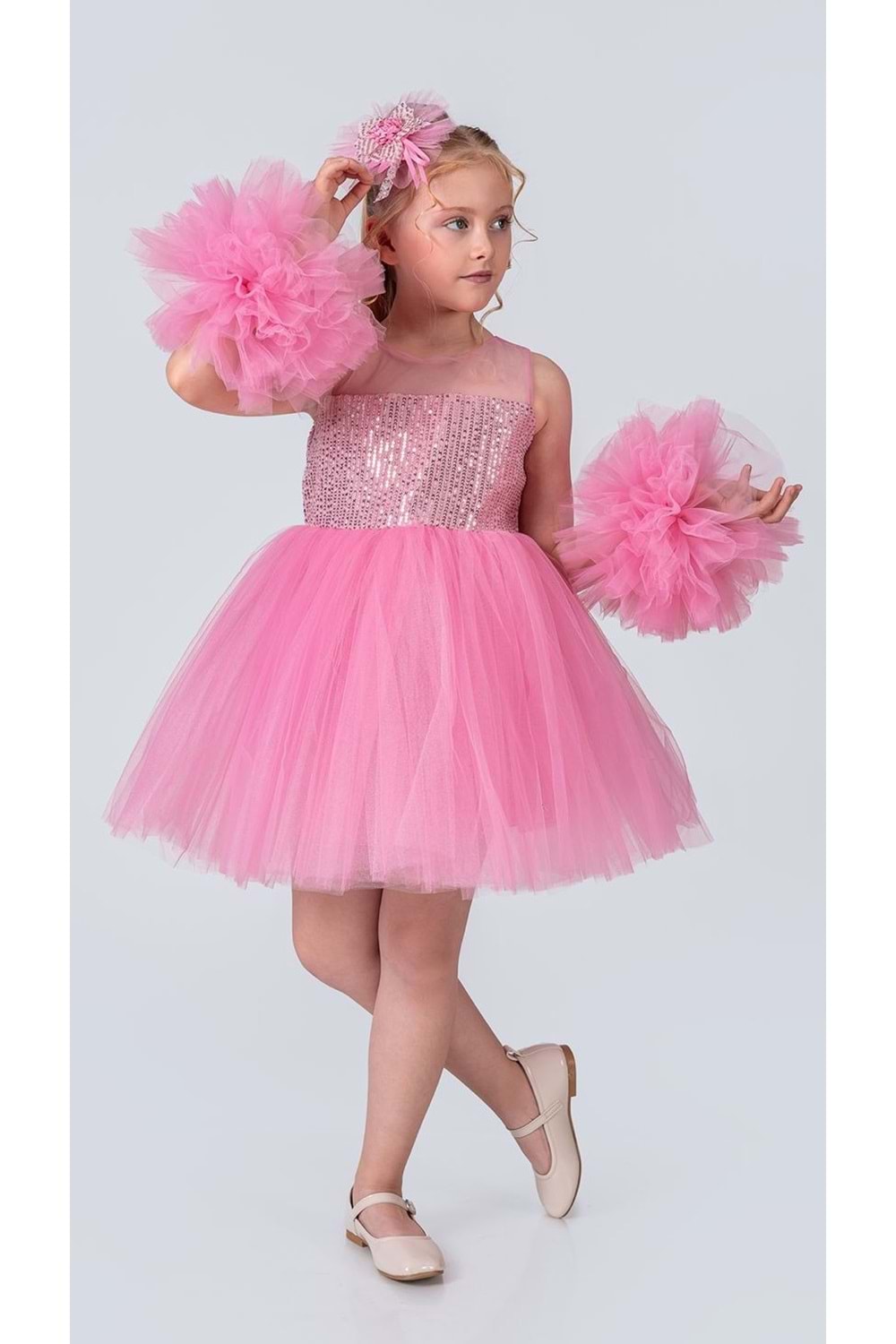 Şifon Robalı Ponpon Kol Pul Payetli Kız Çocuk Kabarık Etek Tütülü Abiye