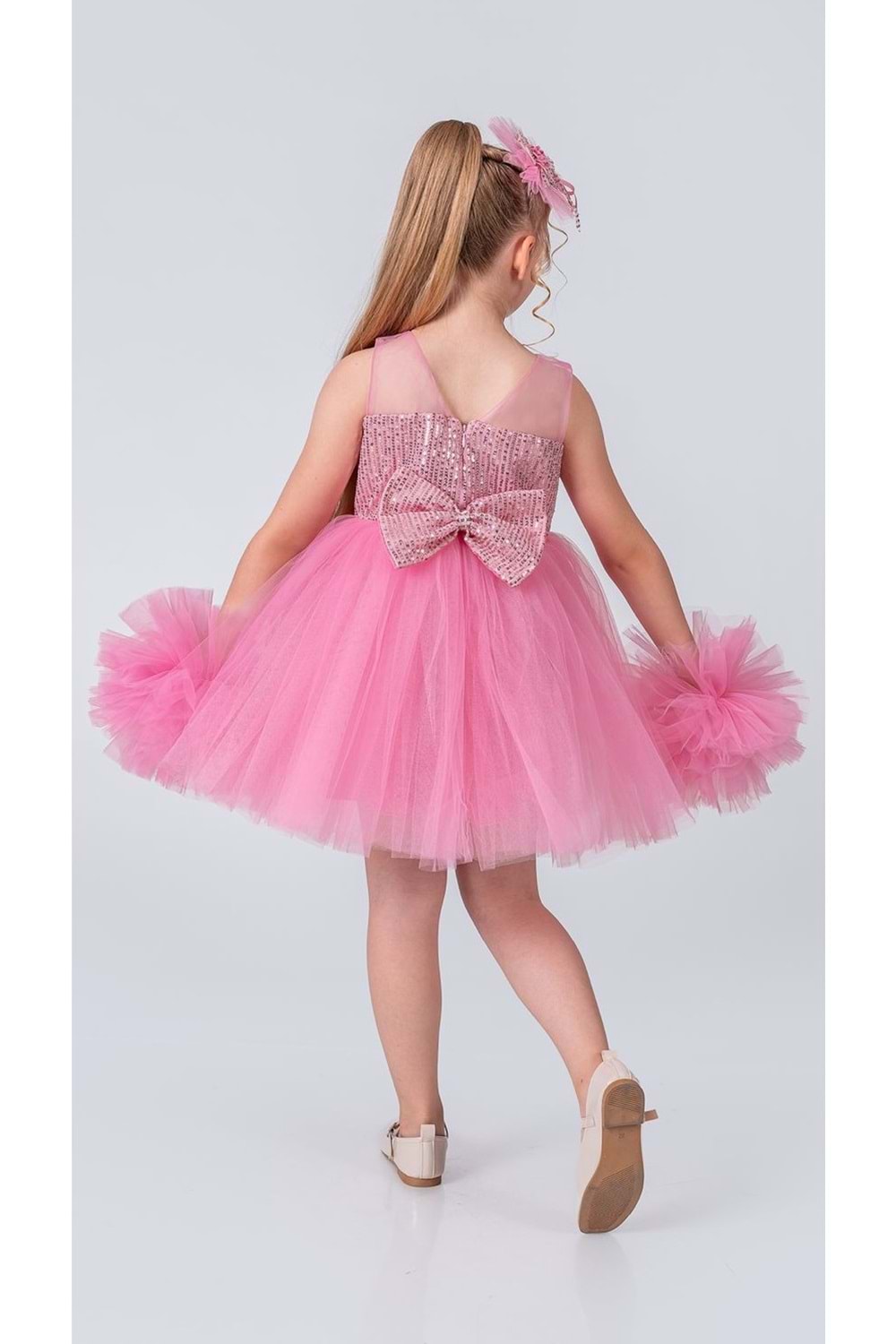 Şifon Robalı Ponpon Kol Pul Payetli Kız Çocuk Kabarık Etek Tütülü Abiye