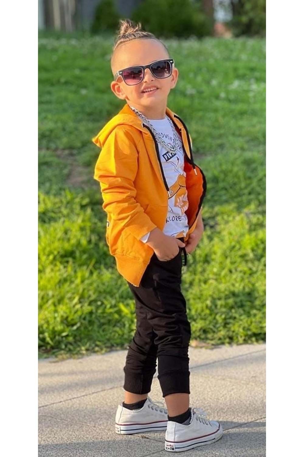 Sırt Baskılı Fermuarlı Kapşonlu No Limit 3 Parça Erkek Çocuk Günlük Eşofman Takım MNK0402