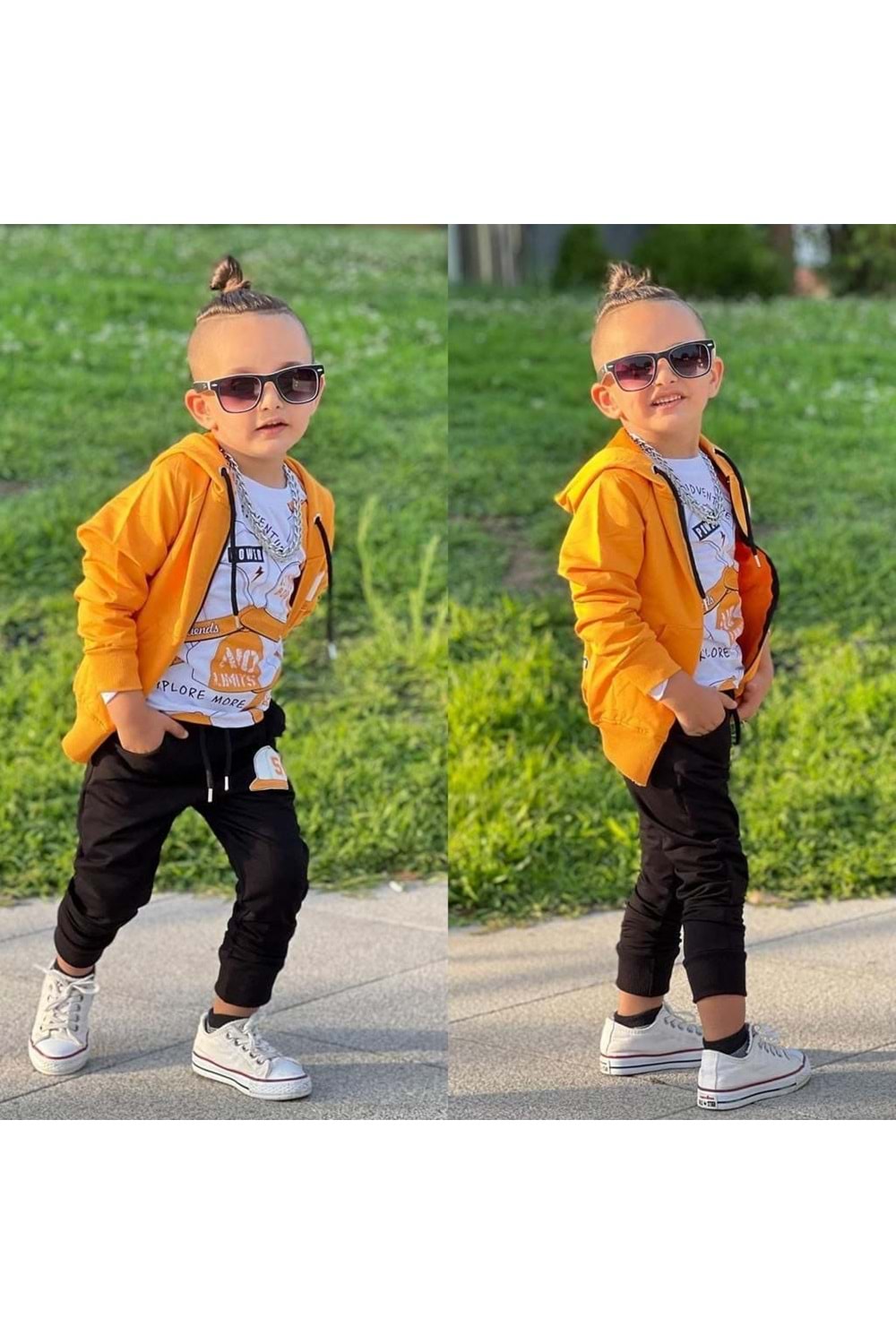 Sırt Baskılı Fermuarlı Kapşonlu No Limit 3 Parça Erkek Çocuk Günlük Eşofman Takım MNK0402