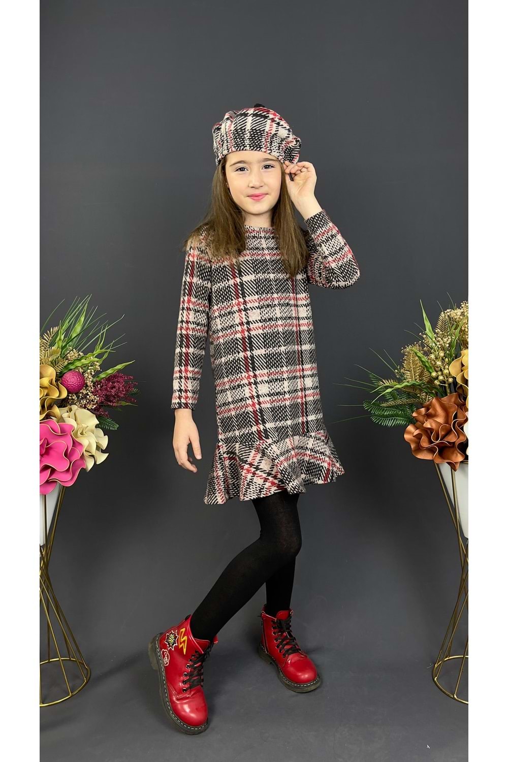 Kız Çocuk Şapkalı Kışlık Uzun Kol Elbise MNK0412