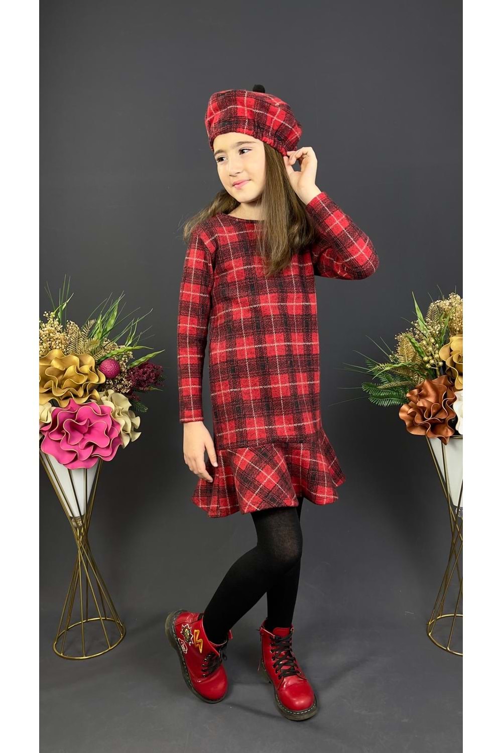 Kız Çocuk Şapkalı Kışlık Uzun Kol Elbise MNK0412