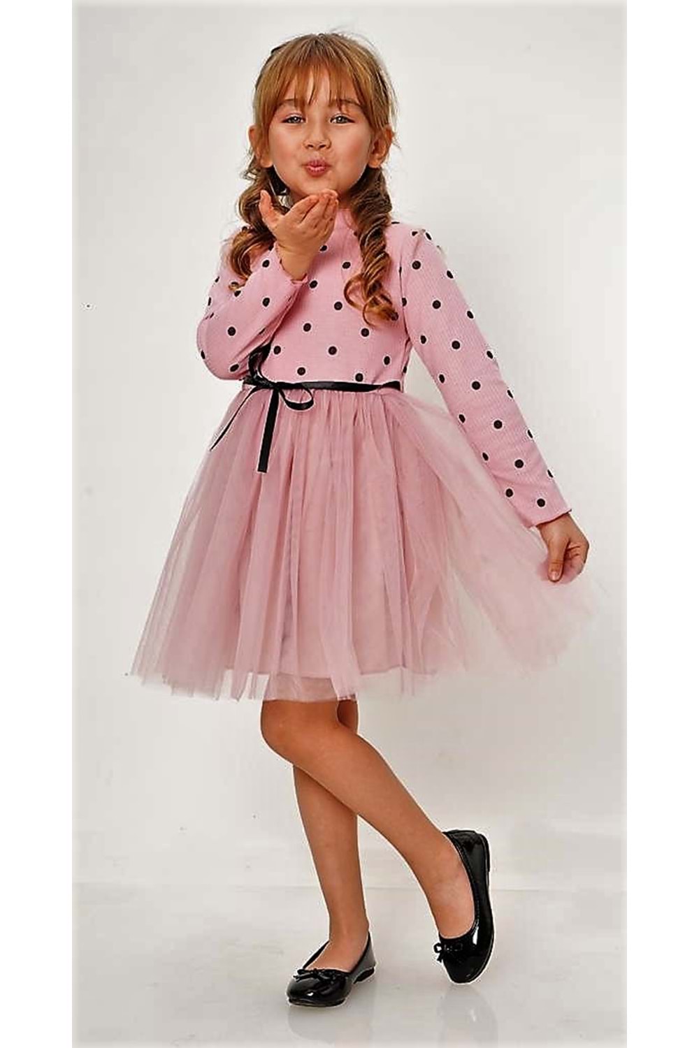 Kız Puantiyeli Tütülü Günlük Elbise MNK0416