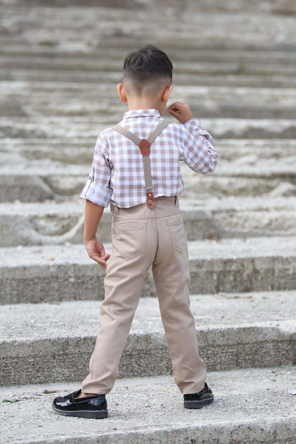 Ekose Desen Gabardin Pantolon Askılı Çocuk Takım MNK0436