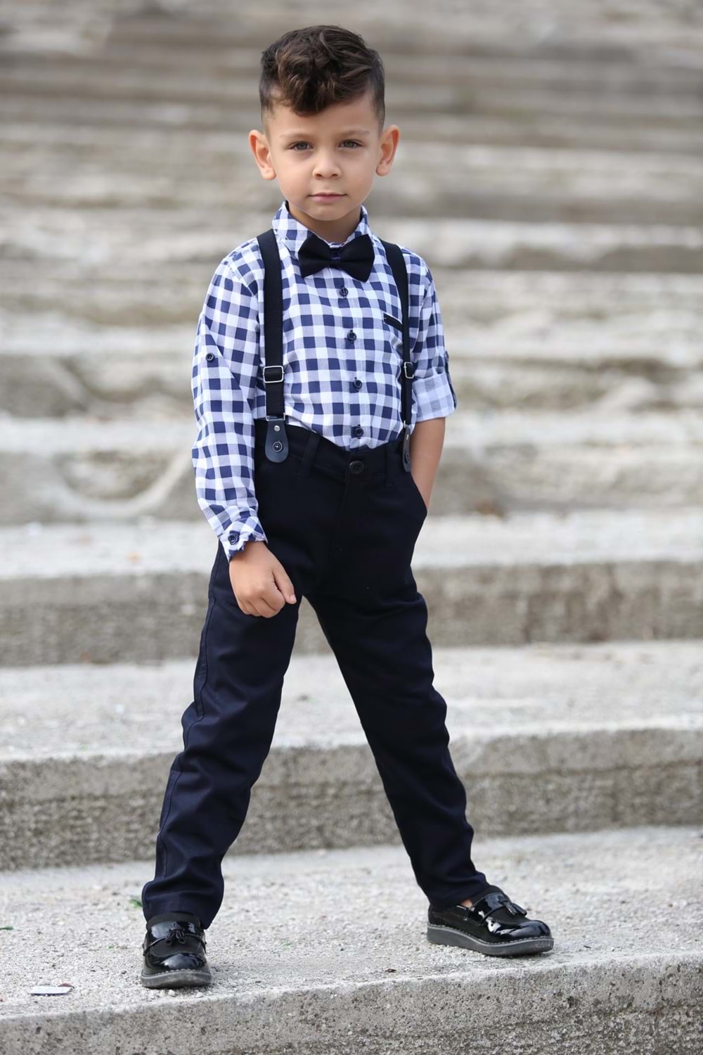 Ekose Desen Gabardin Pantolon Askılı Çocuk Takım MNK0436