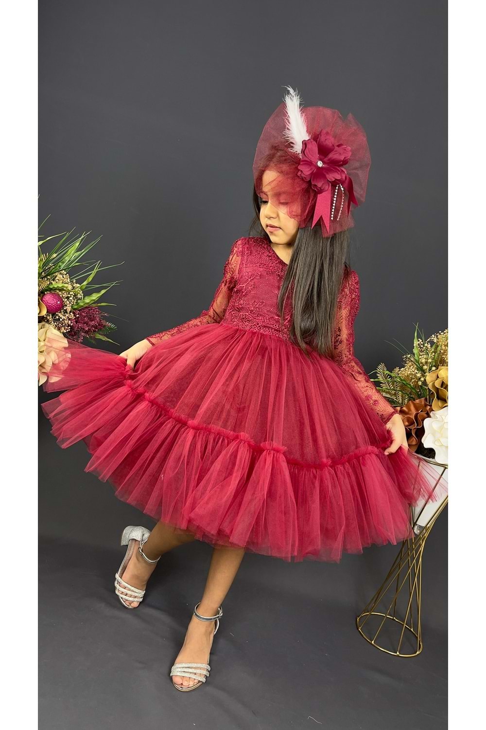 Uzun Kol Güpürlü Tokalı Vintage Abiye Elbise MNK0472