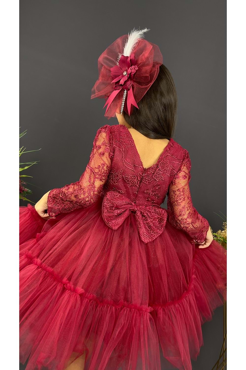 Uzun Kol Güpürlü Tokalı Vintage Abiye Elbise MNK0472