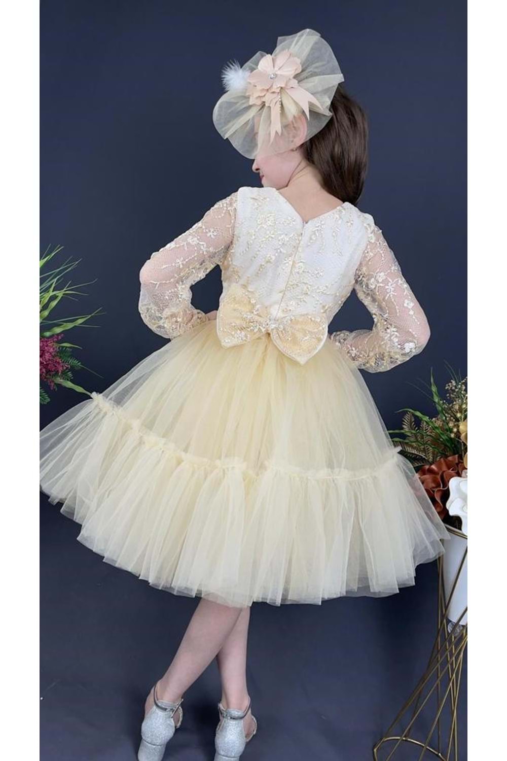 Uzun Kol Güpürlü Tokalı Vintage Abiye Elbise MNK0472