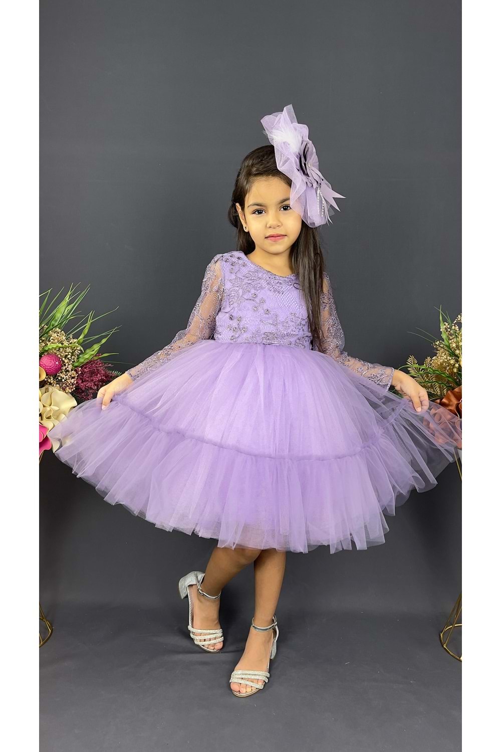 Uzun Kol Güpürlü Tokalı Vintage Abiye Elbise MNK0472