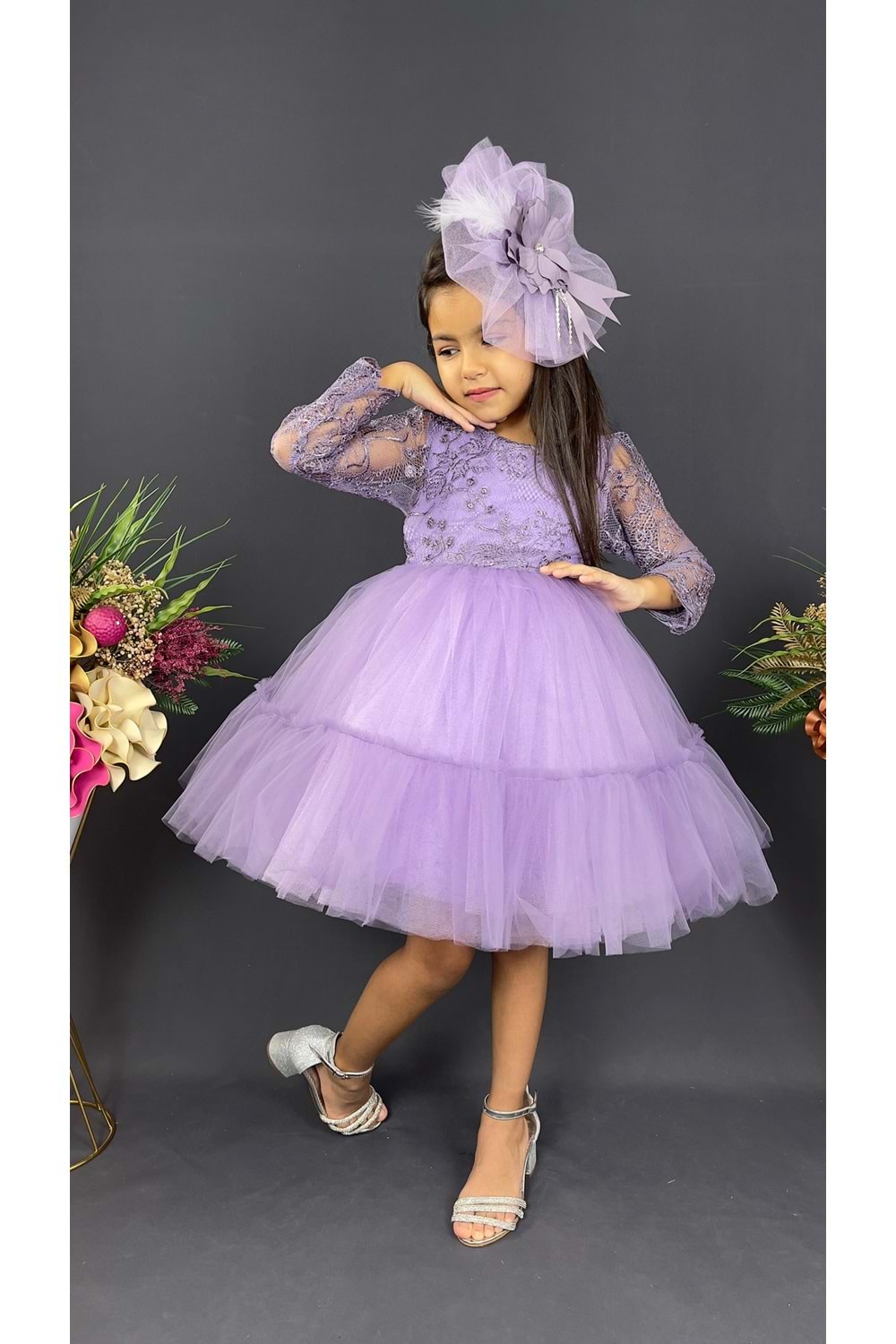 Uzun Kol Güpürlü Tokalı Vintage Abiye Elbise MNK0472