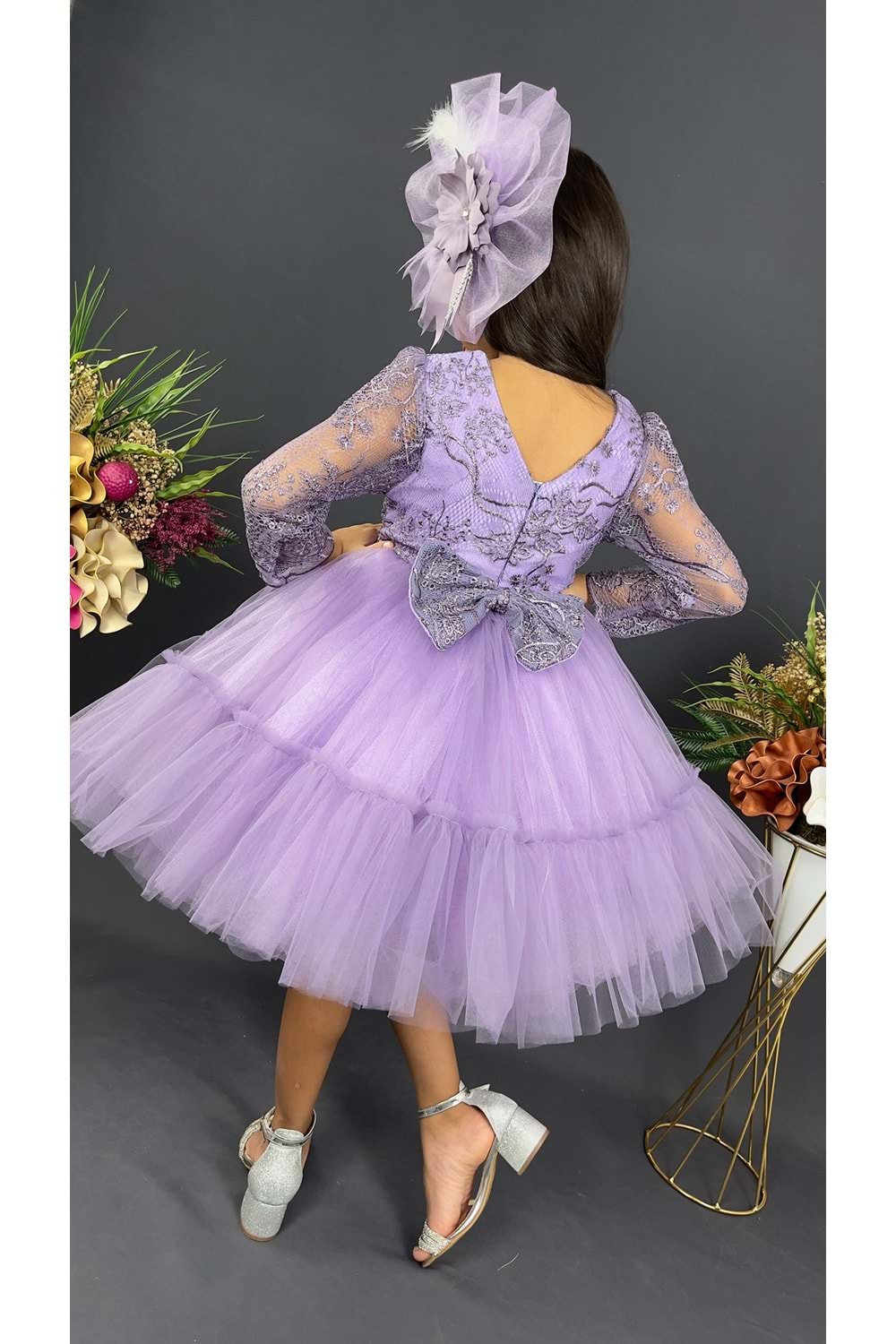 Uzun Kol Güpürlü Tokalı Vintage Abiye Elbise MNK0472