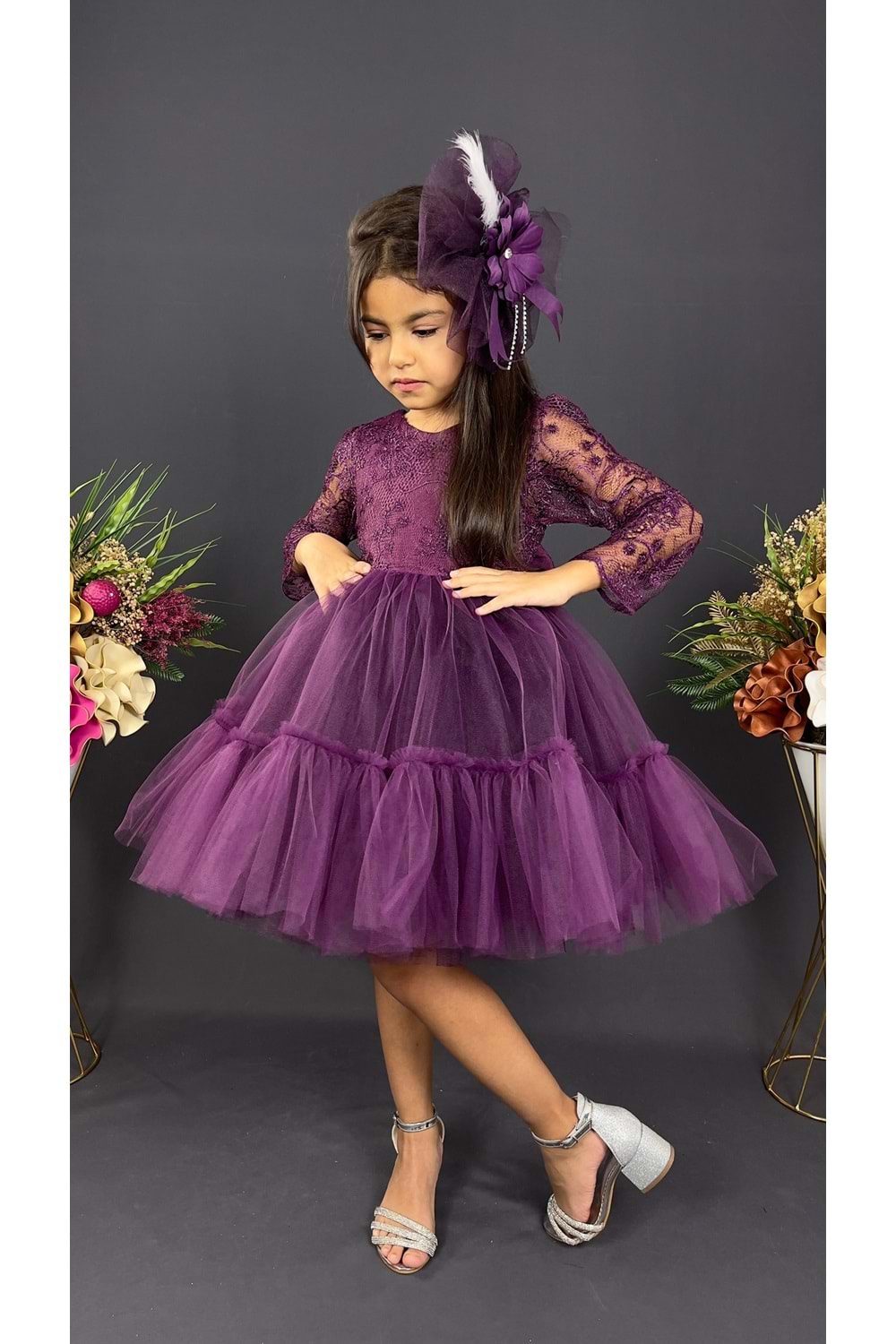 Uzun Kol Güpürlü Tokalı Vintage Abiye Elbise MNK0472