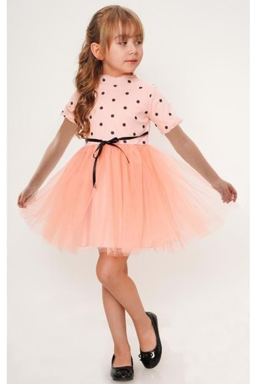 Kısa Kol Kız Puantiyeli Tütülü Günlük Elbise MNK0504