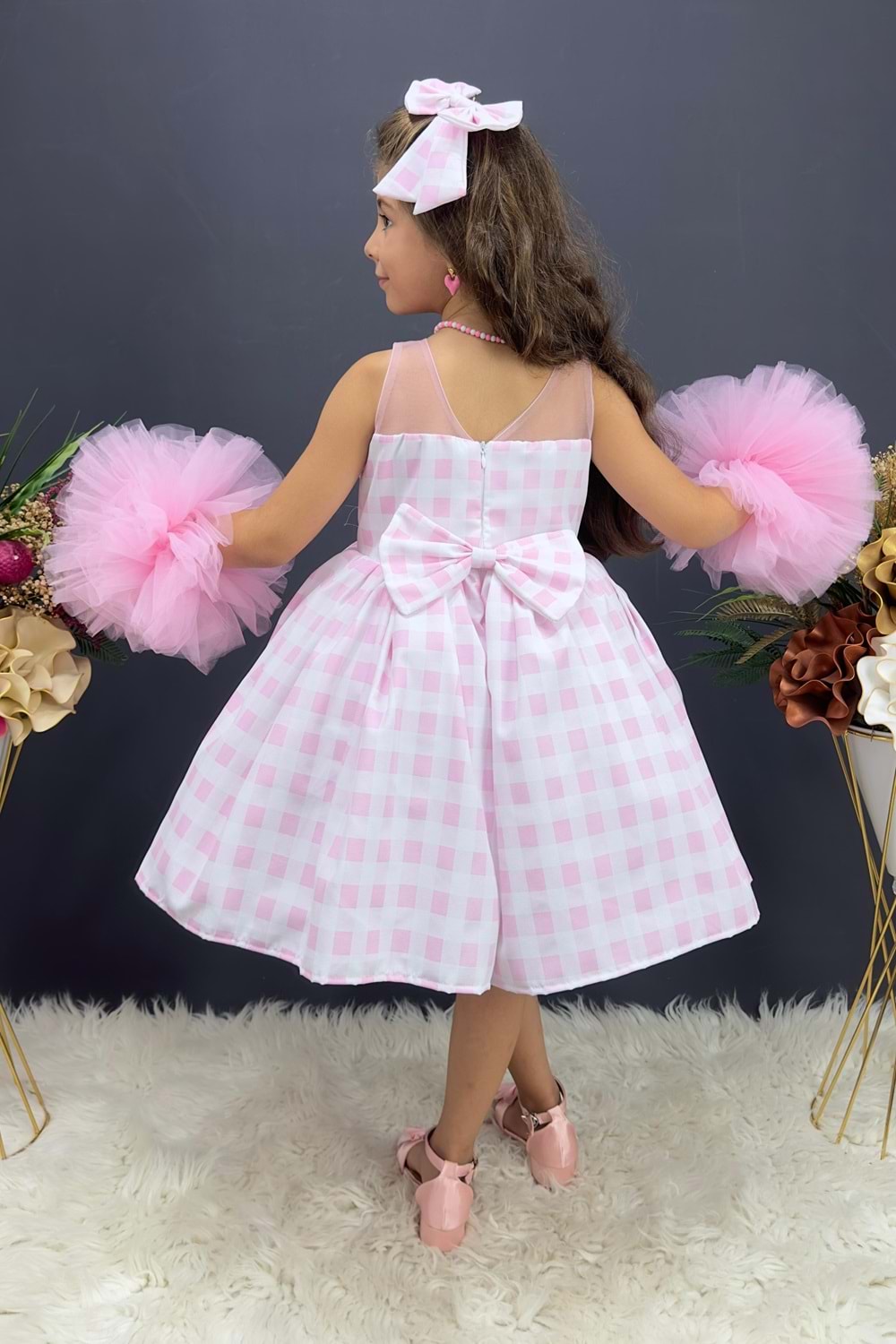 Şapkalı Barbie Tarz Ponpon Kol Pötikare Kız Çocuk Elbise MNK0543
