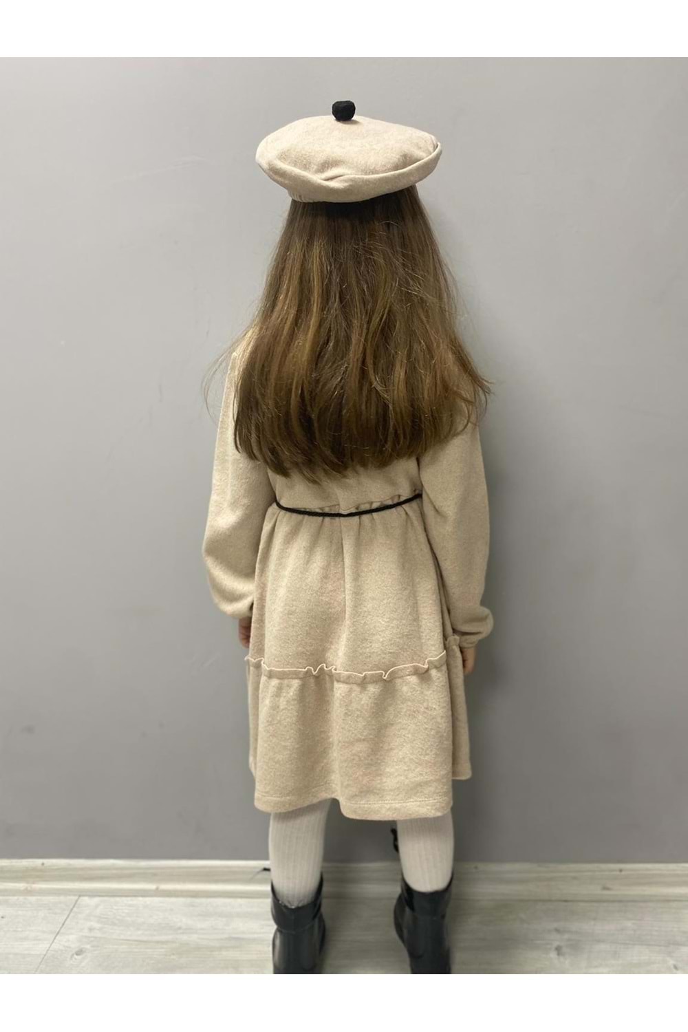 Kaşe Kumaş Şapkalı Kız Çocuk Elbise MNK0559