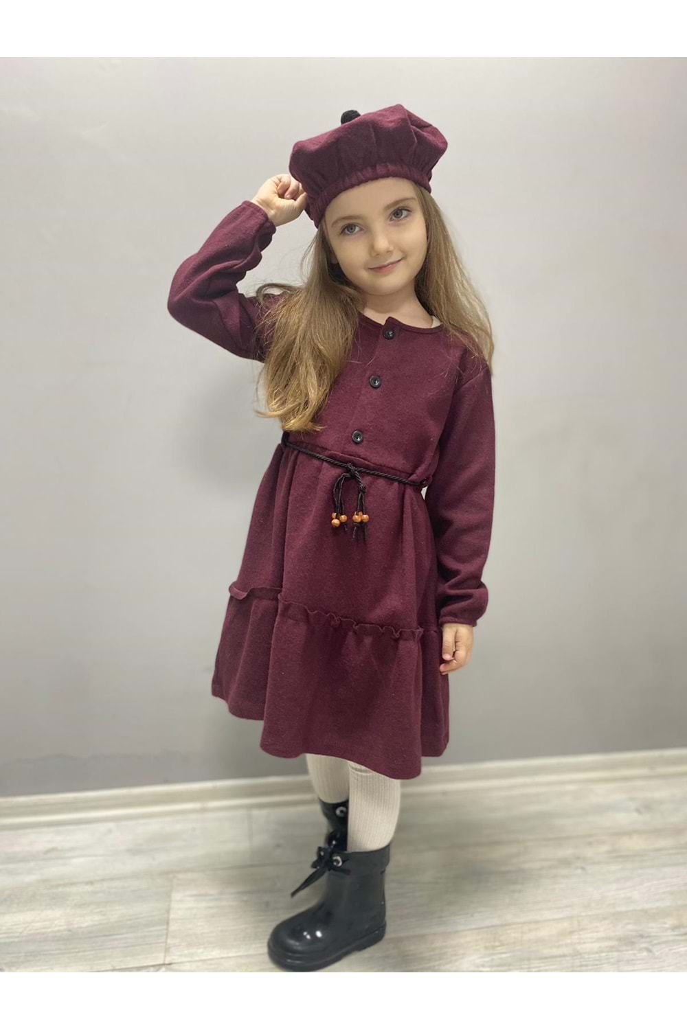 Kaşe Kumaş Şapkalı Kız Çocuk Elbise MNK0559