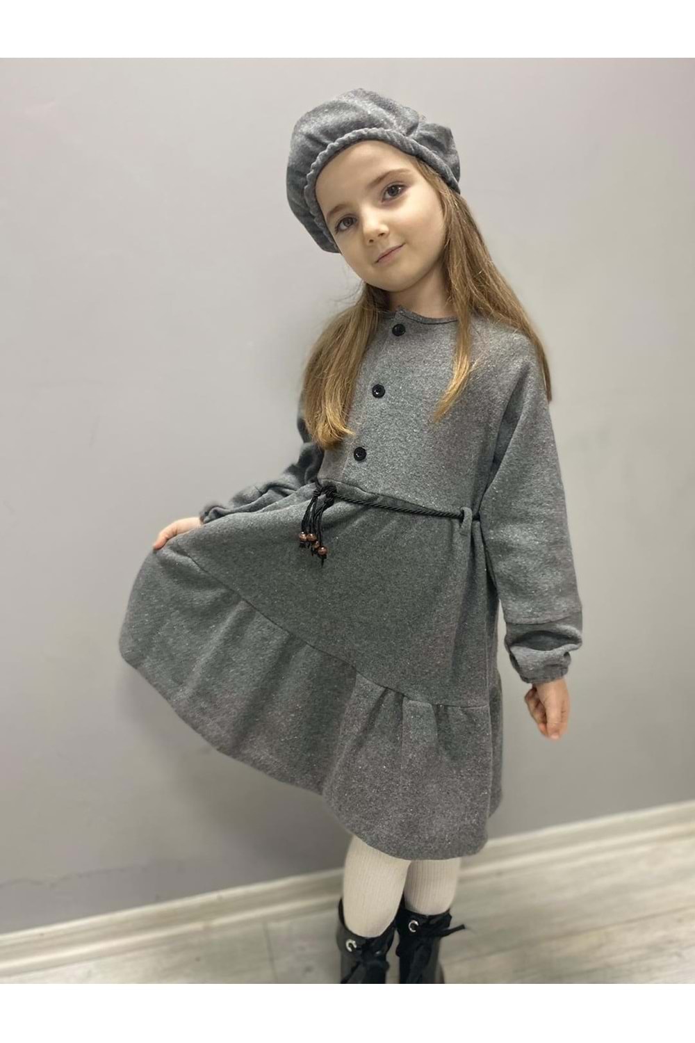 Kaşe Kumaş Şapkalı Kız Çocuk Elbise MNK0559