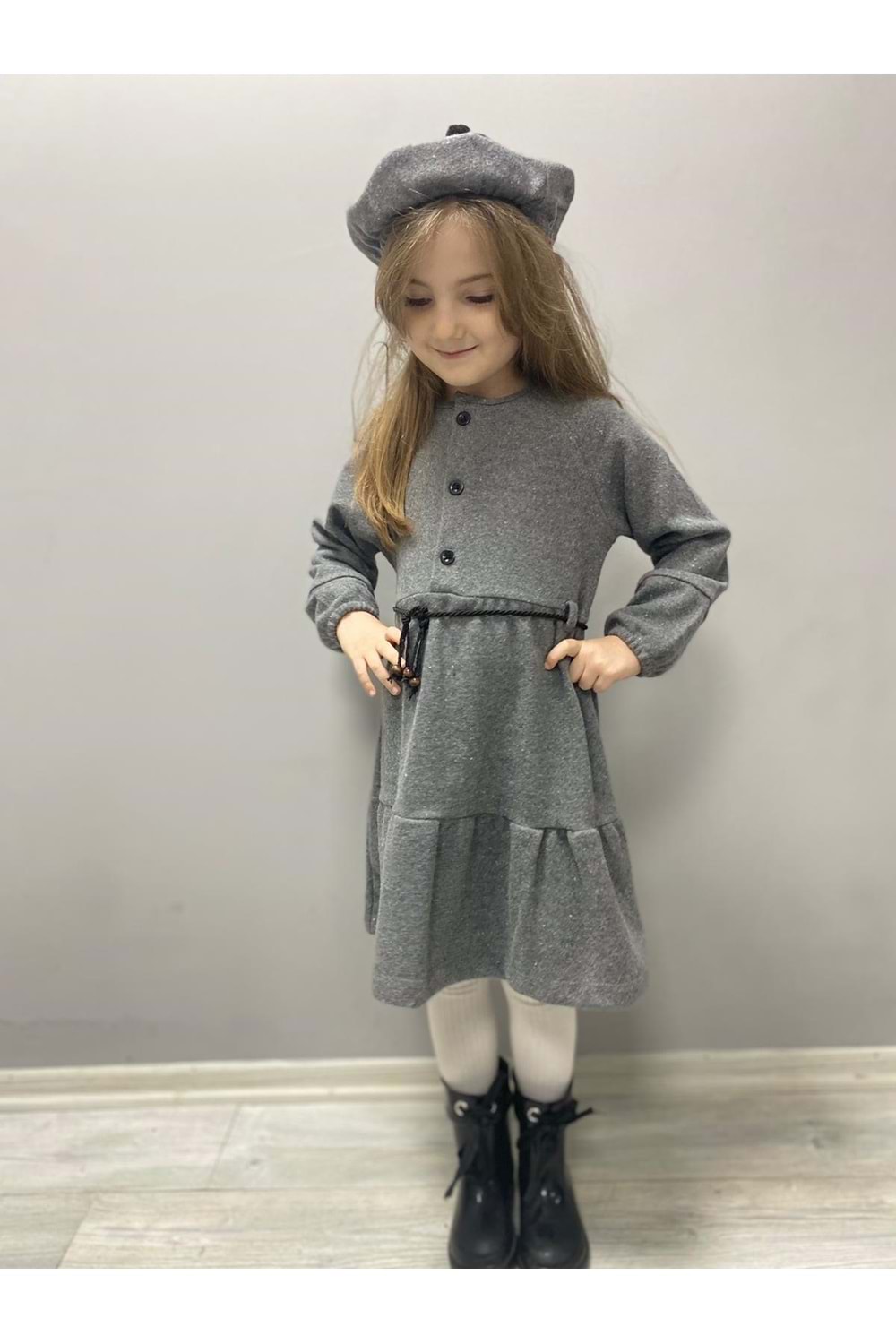 Kaşe Kumaş Şapkalı Kız Çocuk Elbise MNK0559