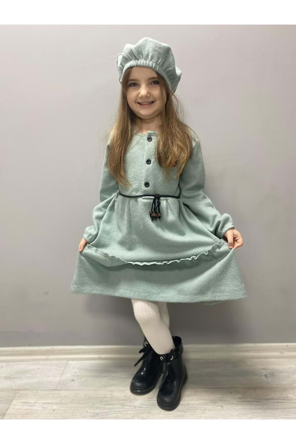 Kaşe Kumaş Şapkalı Kız Çocuk Elbise MNK0559
