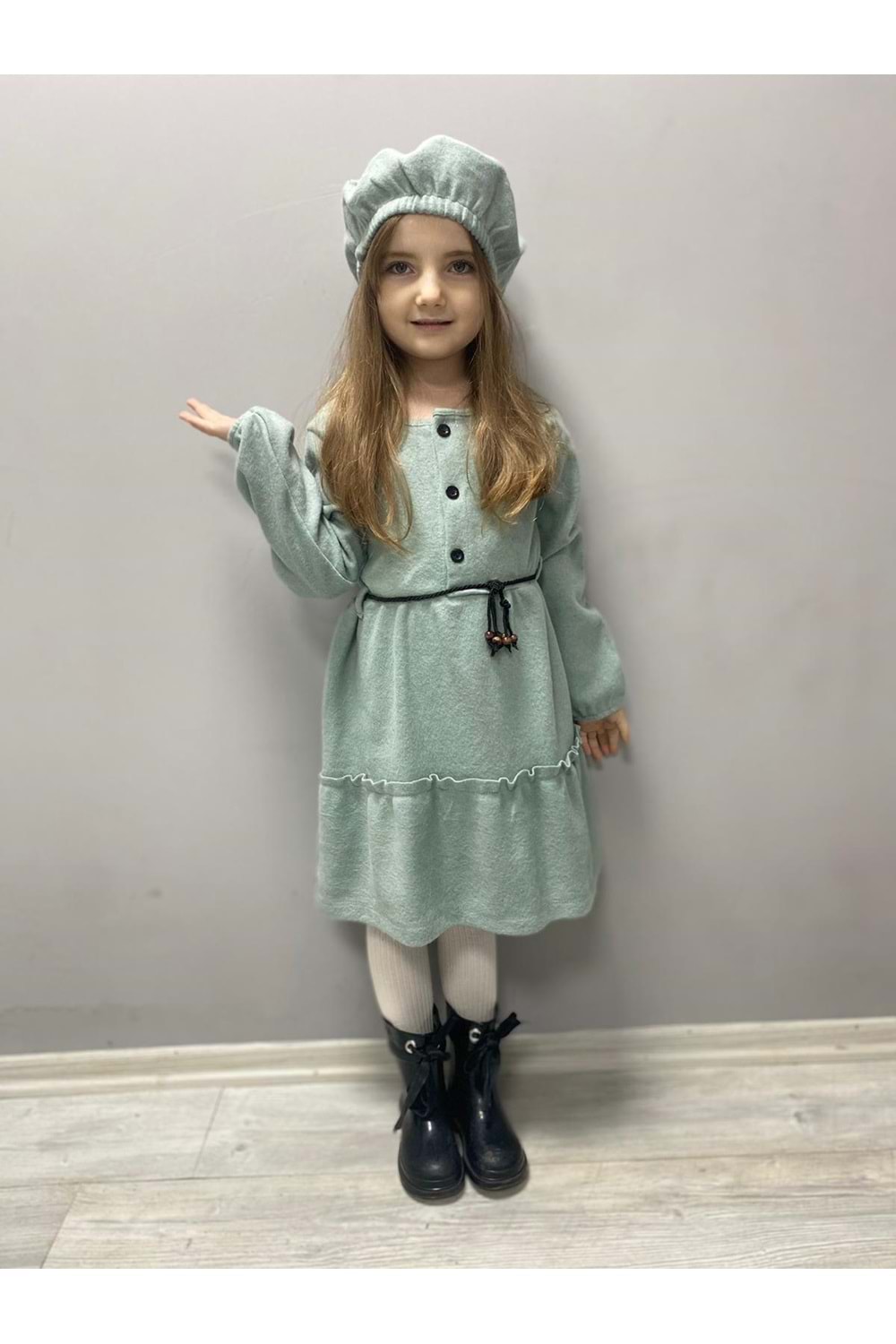 Kaşe Kumaş Şapkalı Kız Çocuk Elbise MNK0559