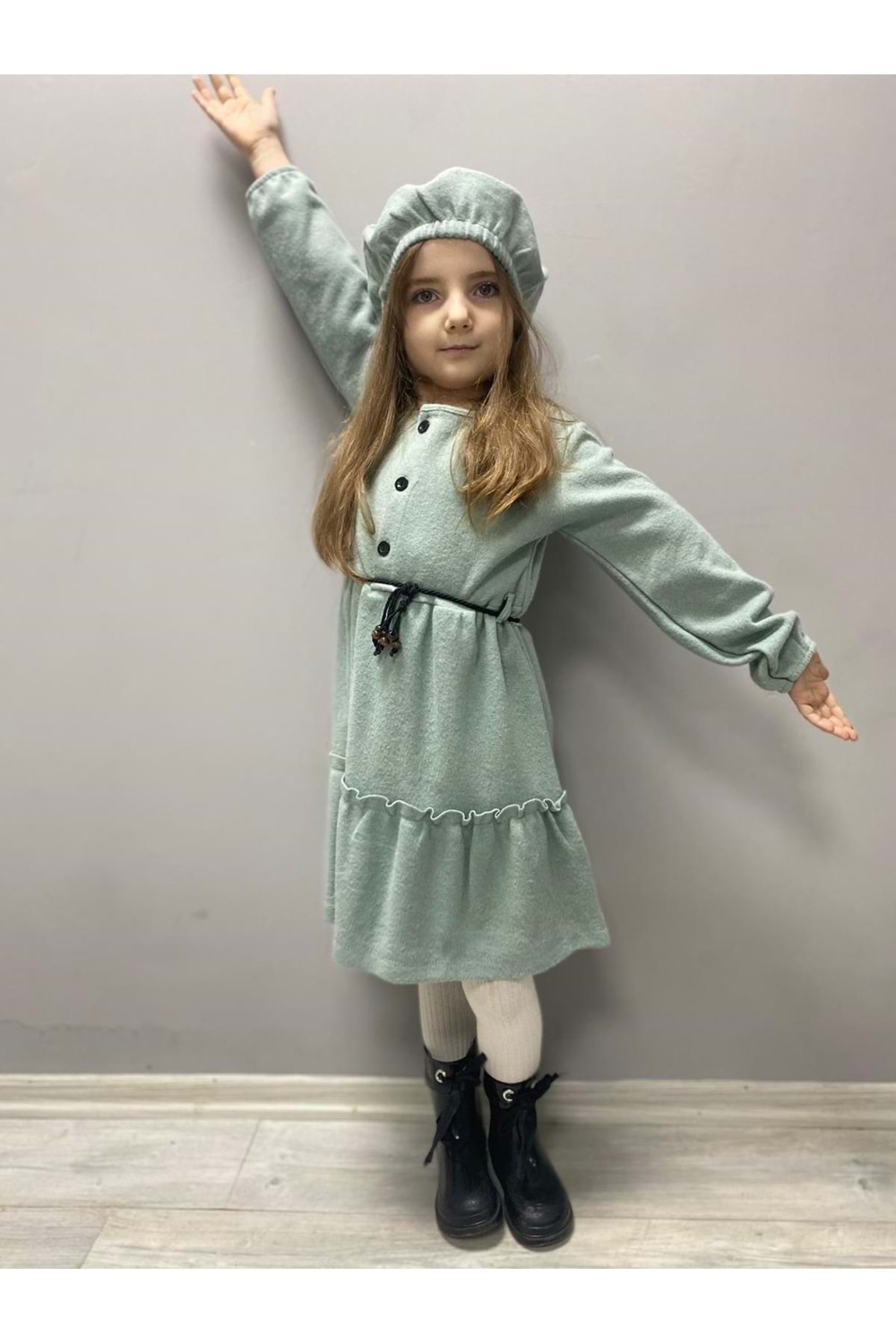 Kaşe Kumaş Şapkalı Kız Çocuk Elbise MNK0559