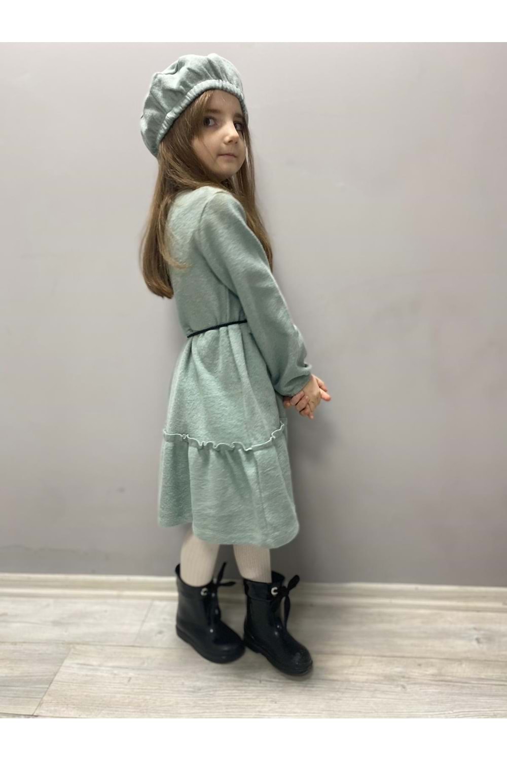 Kaşe Kumaş Şapkalı Kız Çocuk Elbise MNK0559