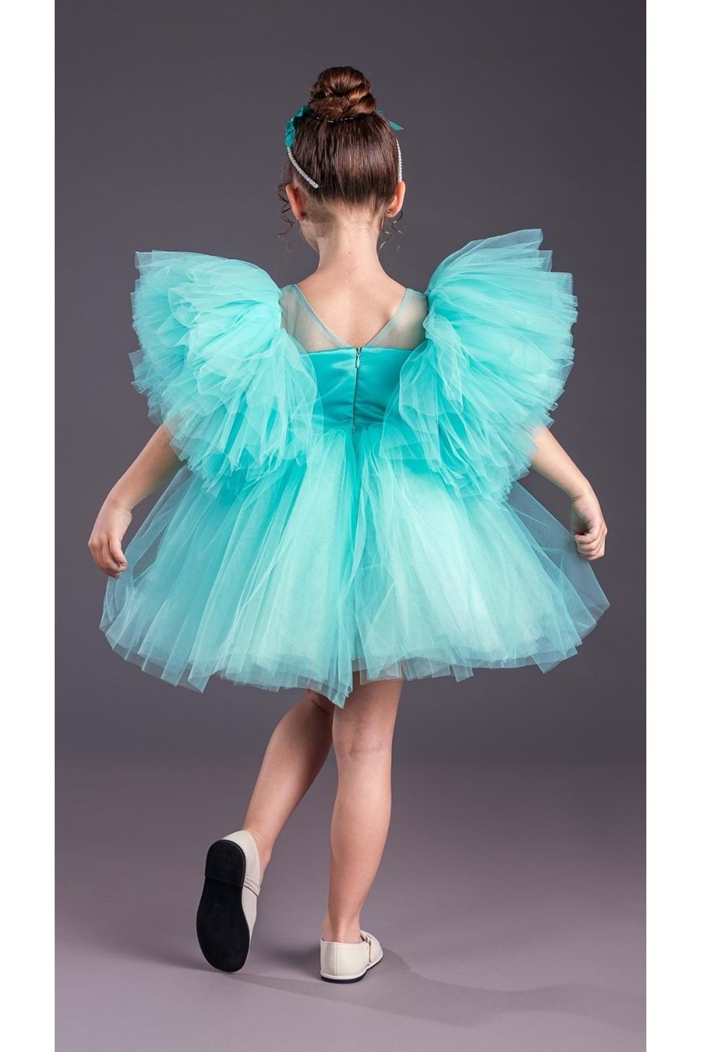 Tütü Etekli Kabarık Kollu Komotini Taçlı Kız Çocuk Abiye Elbise MNK0582