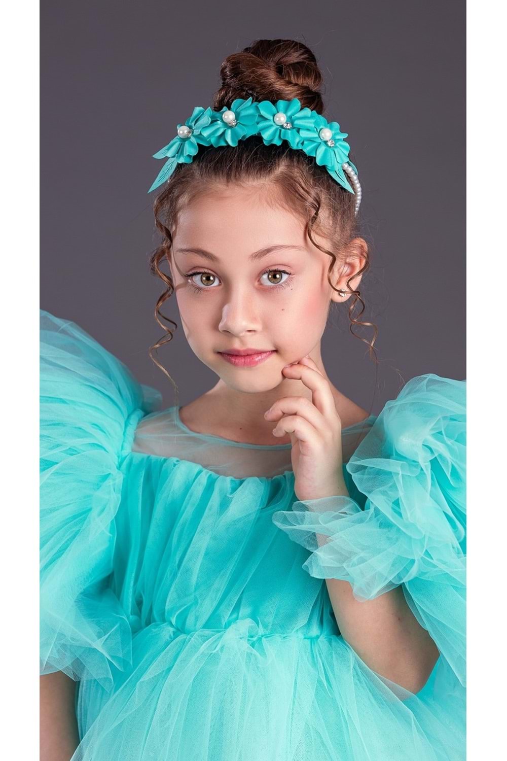 Tütü Etekli Kabarık Kollu Komotini Taçlı Kız Çocuk Abiye Elbise MNK0582