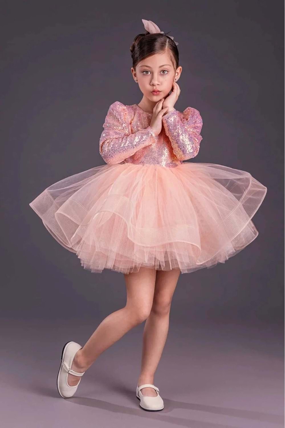 Tütü Gren Etekli Kız Çocuk Pul Payetli Uzun Kol Kikidi Elbise MNK0583