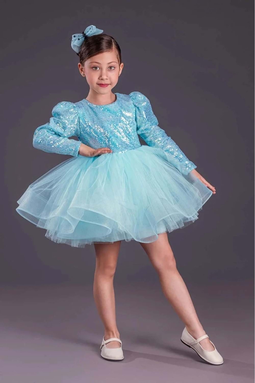 Tütü Gren Etekli Kız Çocuk Pul Payetli Uzun Kol Kikidi Elbise MNK0583