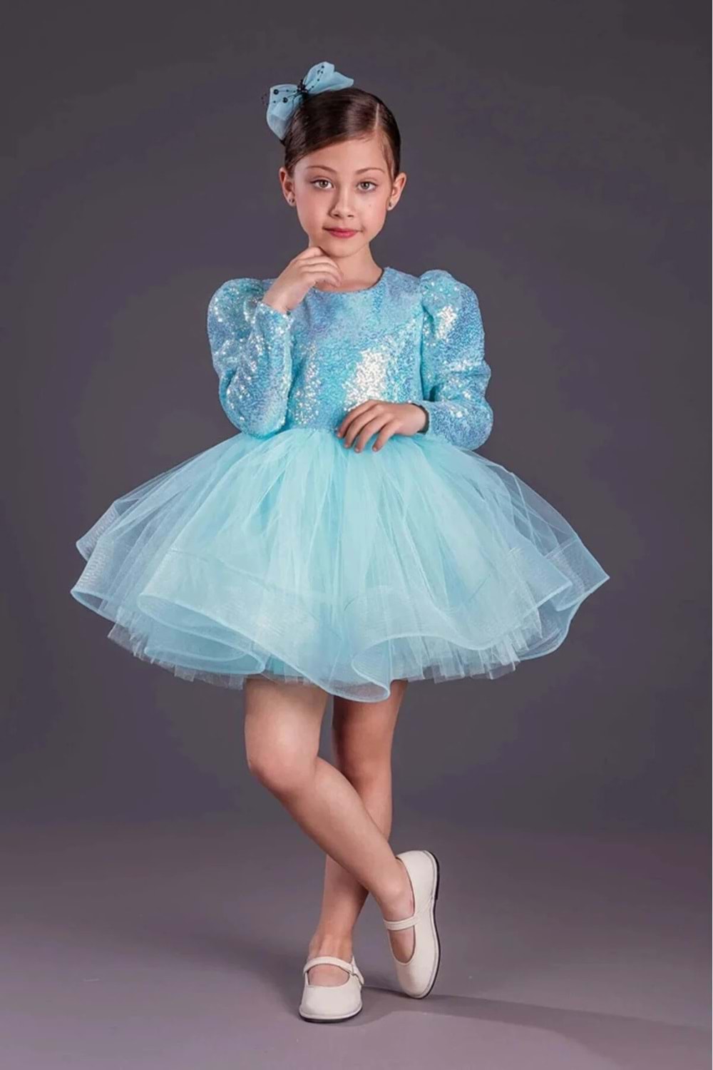 Tütü Gren Etekli Kız Çocuk Pul Payetli Uzun Kol Kikidi Elbise MNK0583