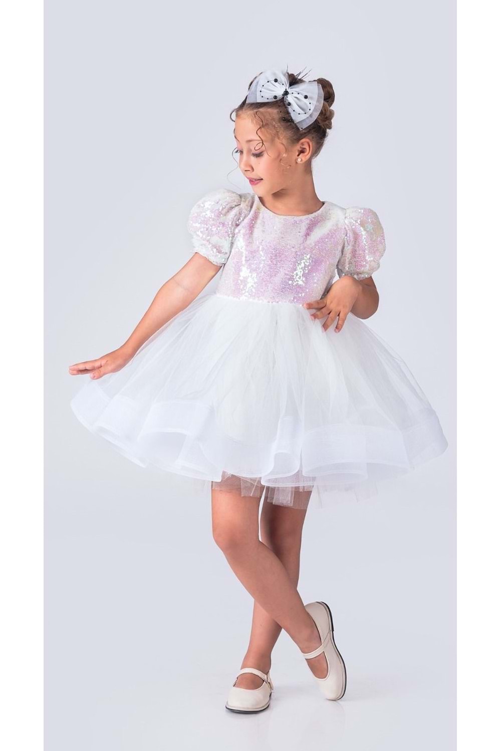 Tütü Gren Etekli Kız Çocuk Pul Payetli Kısa Kol Kikidi Elbise MNK0601