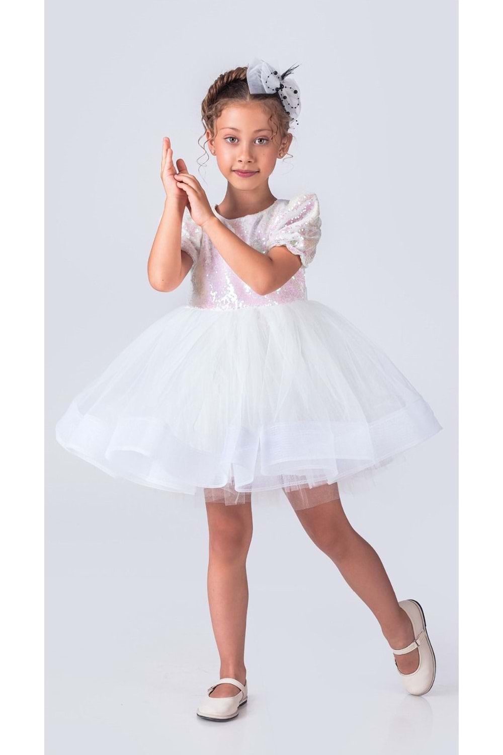 Tütü Gren Etekli Kız Çocuk Pul Payetli Kısa Kol Kikidi Elbise MNK0601