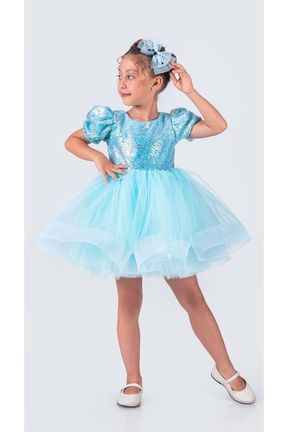 Tütü Gren Etekli Kız Çocuk Pul Payetli Kısa Kol Kikidi Elbise MNK0601