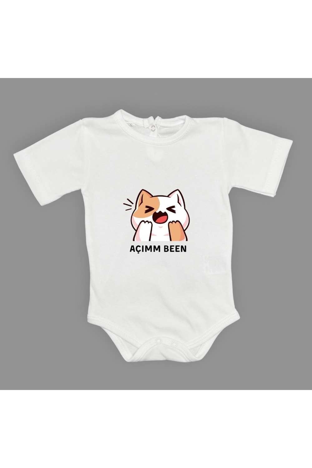 Açım Ben Kedi Baskılı Bebek Kısa Kol Body Zıbın Çıtçıtlı Badi MNK0631