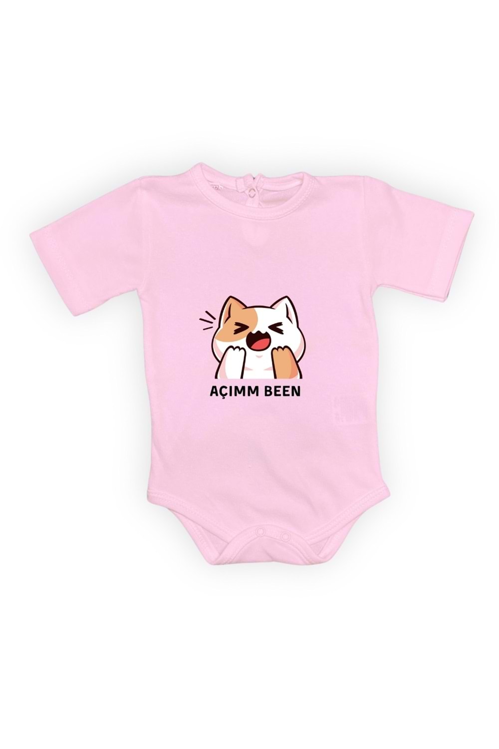 Açım Ben Kedi Baskılı Bebek Kısa Kol Body Zıbın Çıtçıtlı Badi MNK0631
