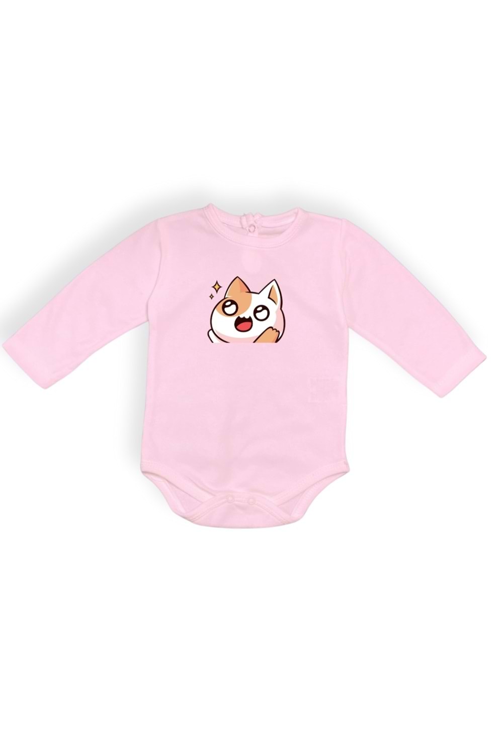 Gözleri Parlayan Kedi Baskılı Bebek Body Zıbın Çıtçıtlı Badi