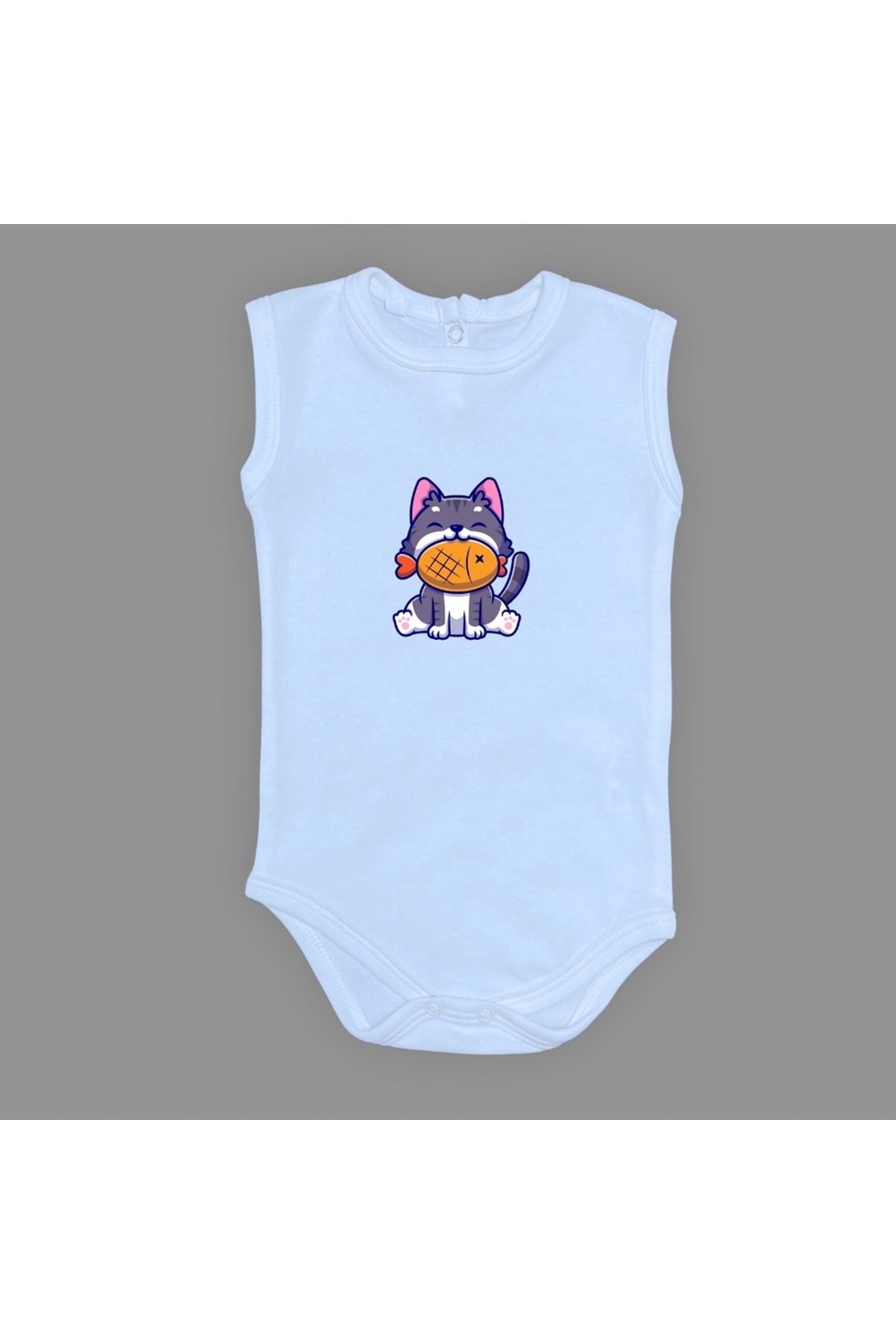Baskılı Balıklı Kedi Bebek Çıtçıtlı Body - MNK0658-AÇIK MAVİ-1 YAŞ