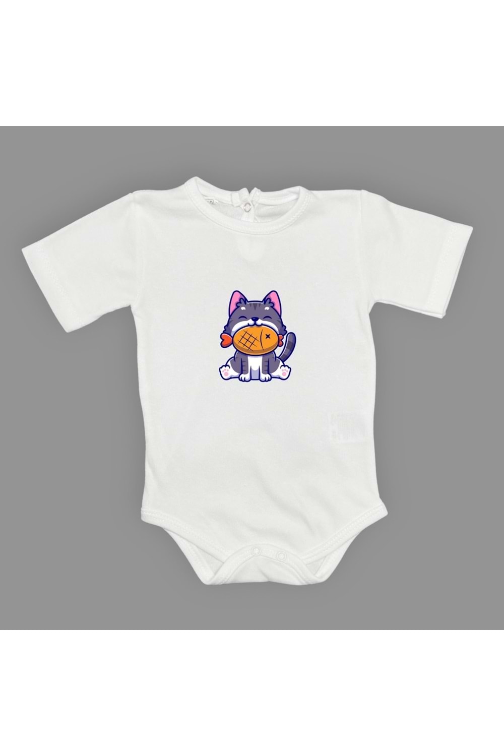 Baskılı Balıklı Kedi Bebek Çıtçıtlı Body - MNK0658-BEYAZ-1 YAŞ