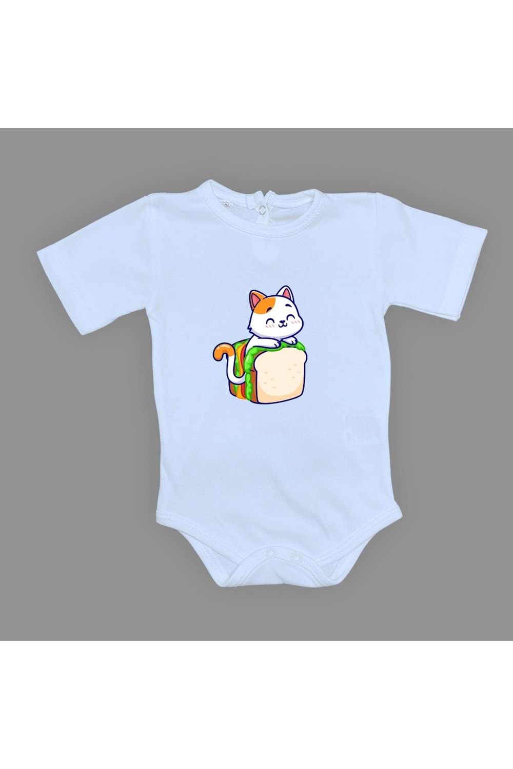 Baskılı Tost Kedi Bebek Çıtçıtlı Body - MNK0660-BEBE MAVİ-6 AY