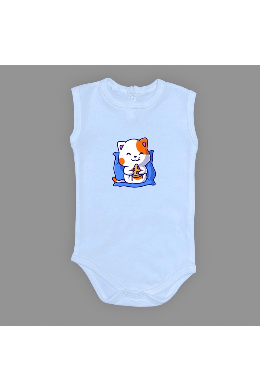 Baskılı Pizza Yiyen kedi Bebek Çıtçıtlı Body - MNK0662-AÇIK MAVİ-6 AY
