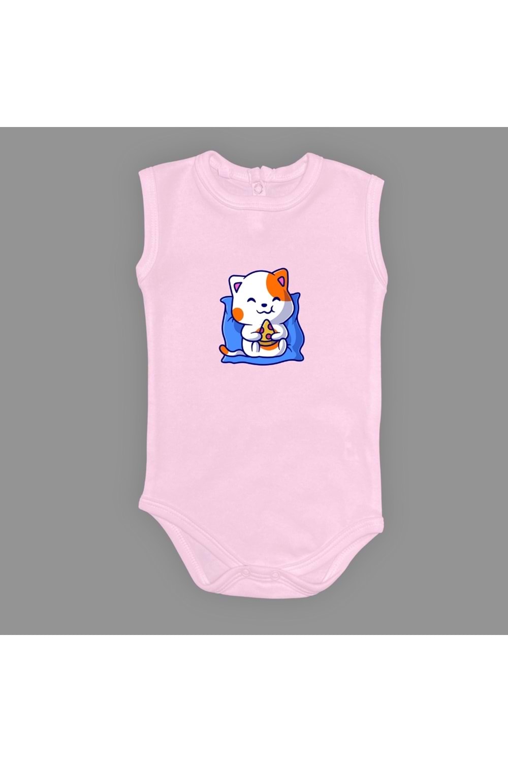 Baskılı Pizza Yiyen kedi Bebek Çıtçıtlı Body - MNK0662-AÇIK PEMBE-6 AY