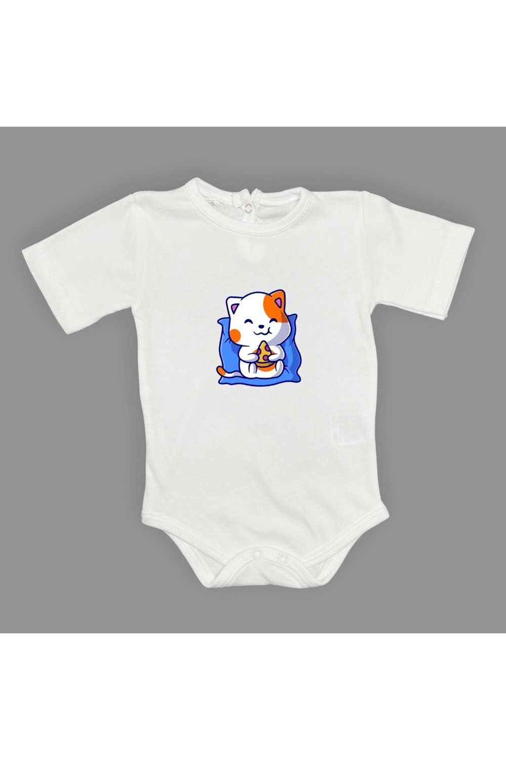 Baskılı Pizza Yiyen kedi Bebek Çıtçıtlı Body - MNK0662-BEYAZ-6 AY