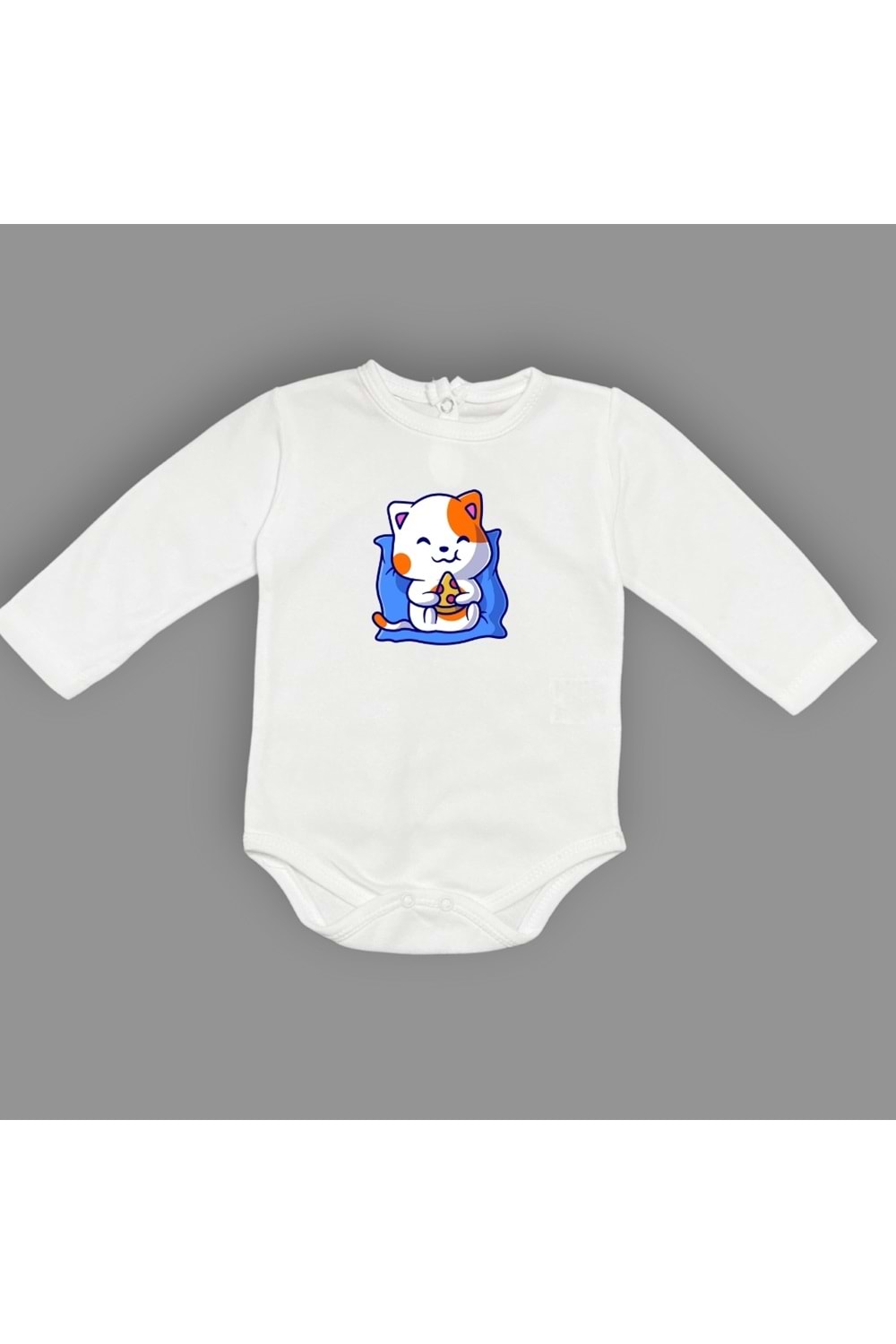 Baskılı Pizza Yiyen kedi Bebek Çıtçıtlı Body - MNK0662-EKRU-6 AY